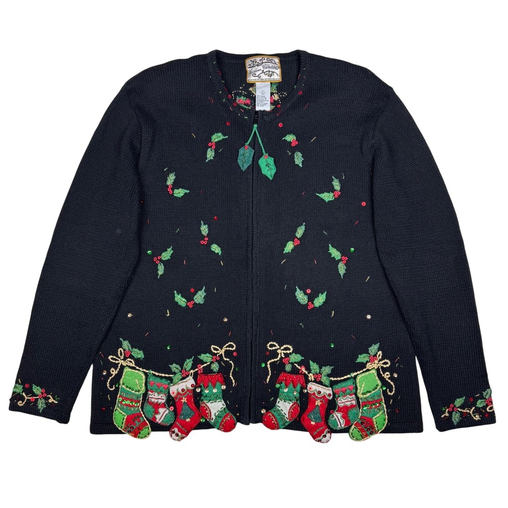 Vintage Heirloom Collectibles Sweater Cardigan Womens L Black Christmas Stocking